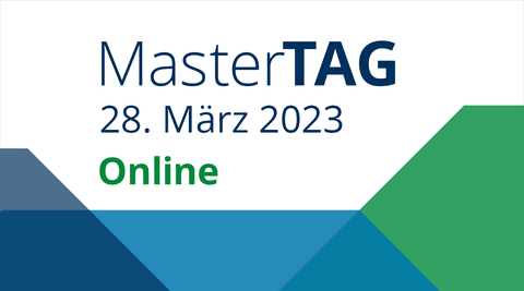 Graphik mit blauer Schrift Mastertag am 28. März 2023 online und farbige Achtecke