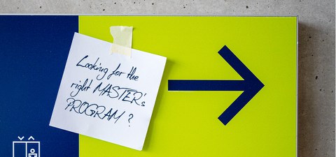 Signpost with arrow pointing to the right and note reading "Looking for the right master?"