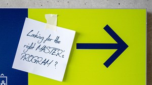 Signpost with arrow pointing to the right and note reading "Looking for the right master?"