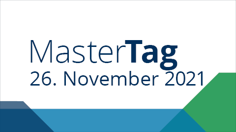 Graphik mit blauer Schrift Mastertag am 26. November 2021 online und farbige Achtecke