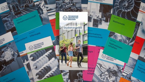 Viele Studiengangsflyer liegen zusammen. In der Mitte liegt die Broschüre Studienangebot