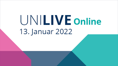 Farbige Achtecke mit Text Uni Live 13. Januar 2022 in blauer Schrift auf weißem Hintergrund