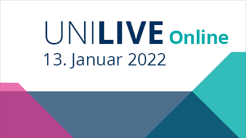 Farbige Achtecke mit Text Uni Live 13. Januar 2022 in blauer Schrift auf weißem Hintergrund