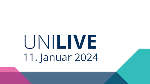  Farbige Achtecke mit Text Uni Live 11. Januar 2024 in blauer Schrift auf weißem Hintergrund