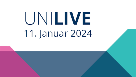 Farbige Achtecke mit Text Uni Live 11. Januar 2024 in blauer Schrift auf weißem Hintergrund