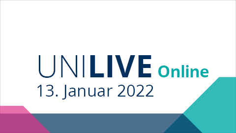 Farbige Achtecke mit Text Uni Live 13. Januar 2022 in blauer Schrift auf weißem Hintergrund