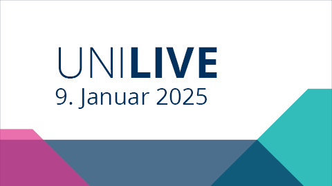 Farbige Achtecke mit Text Uni Live 9. Januar 2025 in blauer Schrift auf weißem Hintergrund