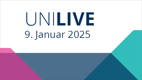 Farbige Achtecke mit Text Uni Live 9. Januar 2025 in blauer Schrift auf weißem Hintergrund