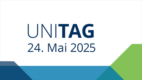 Schriftzug Uni-Tag 24. Mai 2025 und eckigen Farbflächen