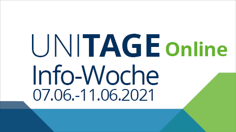 Graphik mit Schriftzug Uni-Tage online mit Info-Woche 07.06.-11.06.2021 und eckigen Farbflächen