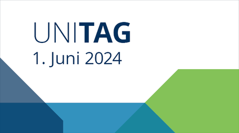 Schriftzug Uni-Tag 1. Juni 2024 und eckigen Farbflächen