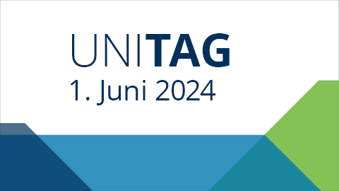 Schriftzug Uni-Tag 1. Juni 2024 und eckigen Farbflächen