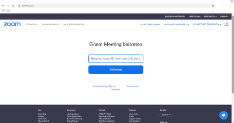 Startbildschirm der Website von zoom