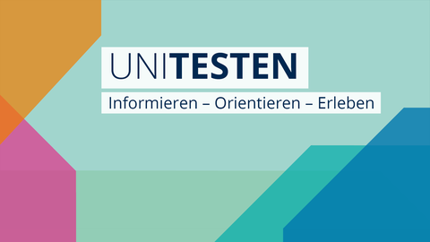 Banner mit farbigen Kacheln und Schriftzug Uni Testen Informieren Orientierung Erleben