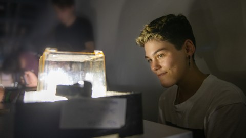 A young person with short hair and a fascinated look observes how subatomic particles are made visible with the help of vaporized ethanol in a cloud chamber.