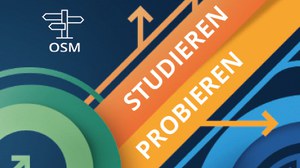 Grafik mit der Aufschrift "Studieren Probieren", links oben ist ein Wegweiser-Icon mit der Abkürzung "OSM" darunter