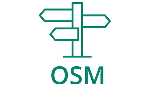 Ein Piktogramm, welches einen Wegweiser mit drei Pfeilen, die in verschiedene Richtungen zeigen, zeigt. Darunter der Schriftzug OSM.