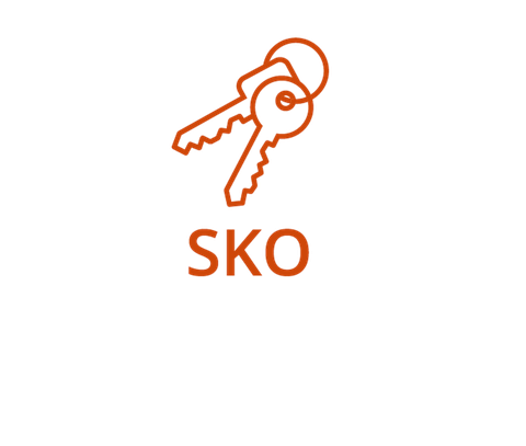 Ein Piktogramm, welches zwei Schlüssel an einem Ring zeigt, darunter der Schriftzug SKO. 