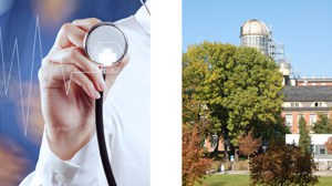 two pictures side by side: 1st picture: the arm of a doctor with a stetoscope in his hand; 2nd picture: View of the Beyer-Bau observatory at TU Dresden with a green tree in front of it