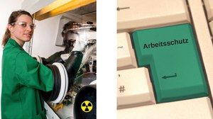 two pictures side by side: 1st picture: laboratory scene in the radionuclide laboratory of the radiation protection office; 2nd picture: green colored ENTER key with inscription "Arbeitsschutz"