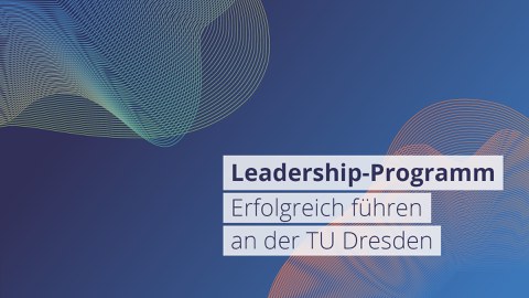 Wellenlinien in verschiedenen Farben bewegen sich auf blauem Hintergrund. Im Vordergrund steht der Text "Leadership-Programm Erfolgreich führen an der TU Dresden"