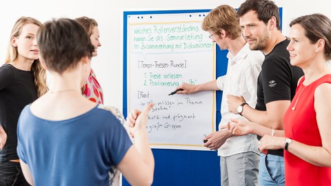 6 Workshopteilnehmer:innen stehen um eine Pinnwand. Einer zeigt auf die Pinnwand. Andere sind einer Person zugewandt, die mit dem Rücken im Bild steht. Sie gestikuliert und ihr Daumen ist ausgestreckt.