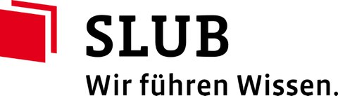 Zwei rote Buchdeckel liegen aufeinander. Daneben der Schritfzug: "SLUB. Wir führen Wissen.