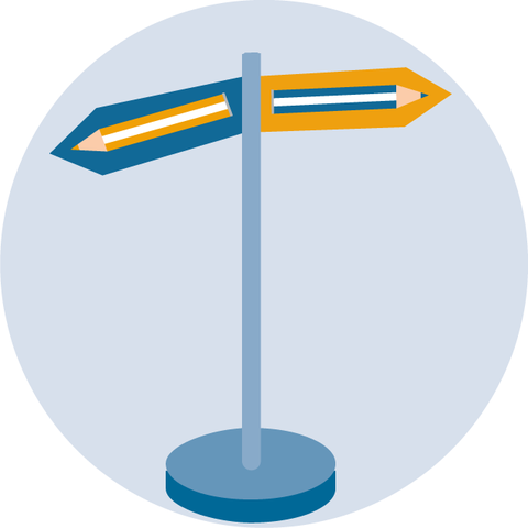 The illustration shows a signpost with two signs pointing in opposite directions. On each sign is a pencil: on the left in orange on a blue background, on the right the other way around.