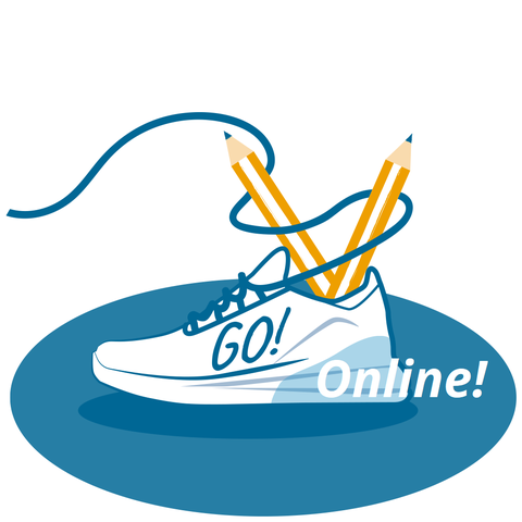 Die Illustration zeigt einen Turnschuh, in dessen Schaft zwei Bleistifte stecken, die von den Schnürsenkeln nach oben gehalten werden. Auf dem Schuh steht "GO!". Unter dem Schuh steht "Online!"