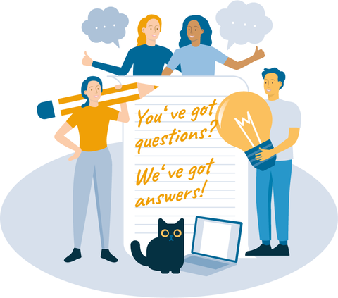 Vier Personen mit verschiedenen Symbolen (einem Bleistift, einer Glühbirne und Gesprächsblasen) sowie eine Katze mit einem Laptop stehen um ein menschengroßes Blatt Papier, auf dem geschrieben steht: "Du hast Fragen? Wir haben Antworten!"