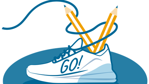 In einem Turnschuh stecken anstatt eines Fußes zwei Stifte, die durch die Schnürsenkel gehalten werden. Auf dem Schuh steht: "GO!"