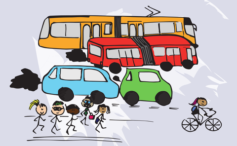Comicbild mit Bahn, Bus, Autos, Radfahrern und Fußgängern
