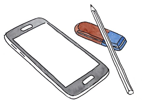 Zeichnung von Smartphone, Stift und Radiergummi