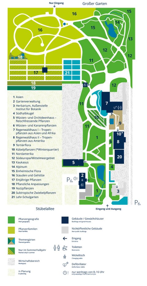 Gartenplan des Botanischen Gartens der TU Dresen mit Kennzeichnung der Pflanzbereiche