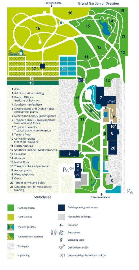 Map of the TU Dresdens Botanical Garden with plant areas