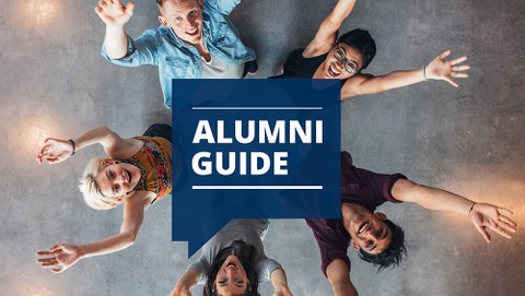 Title Alumni Guide, picture 5 young graduates