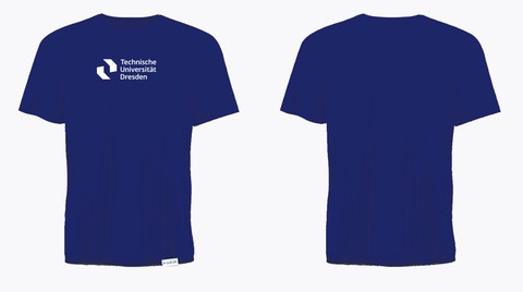 Brilliant-blaues T-Shirt mit weißen Print des deutschen TUD Logos. ZU sehen ist das T-Shirt von vorn und von hinten.