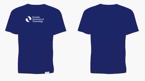 Brilliant-blaues T-Shirt mit weißen Print des englischen TUD Logos. Zu sehen ist das T-Shirt von vorn und von hinten.