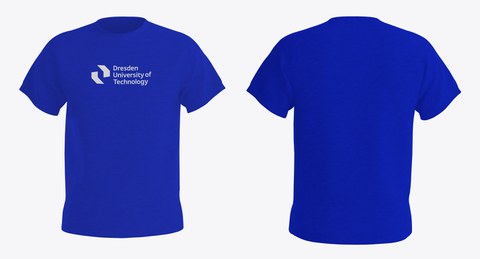 Brilliant-blaues T-Shirt mit weißen Print des englischen TUD Logos. Zu sehen ist das T-Shirt von vorn und von hinten.