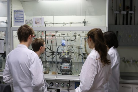 Foto von vier Studierenden, die mit Laborkitteln in einem Labor stehen und eine chemische Anlage betrachten.
