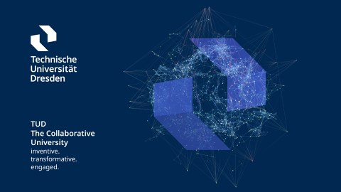 TUD logo and slogan "The Collaborative University" on a dark blue background with a glowing abstract network visualization.
