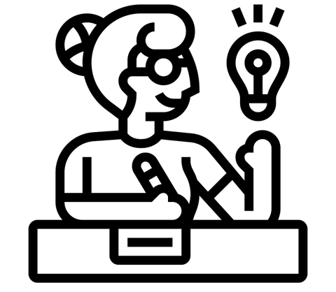 Piktogramm einer schreibenden Frau mit Brille. Rechts neben ihrem Kopf leuchtet eine Glühbirne auf.