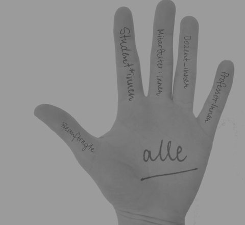 In einer geöffneten grauen Hand sind verschiedene Wörter geschrieben: Beauftragte, Student*innen, Mitarbeiter:innen; Dozent_innen, ProfessorInnen. In der Handfläche steht groß und unterstrichen "alle"., 
