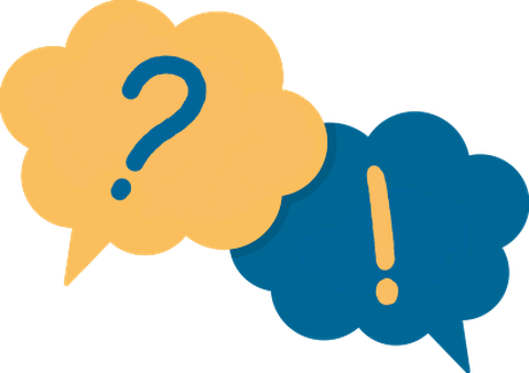 The graphic shows two speech bubbles next to each other: In the left one a question mark, in the right one an exclamation mark.