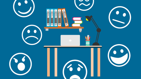 The graphic shows a desk in the center with a laptop, lamp and pen cup, and a sideboard with books and folders above it. Various smileys circle around it in a clockwise direction: laughing, confused, indecisive, happy, anxious, angry, sad.