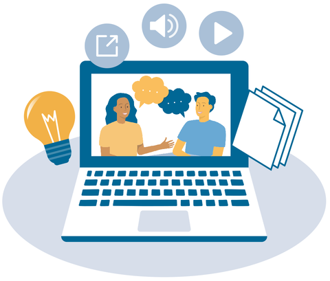 The graphic shows a laptop with two people talking to each other on the desktop. Symbols circle around the laptop, from left to right: light bulb, document arrow, loudspeaker, play button, documents.