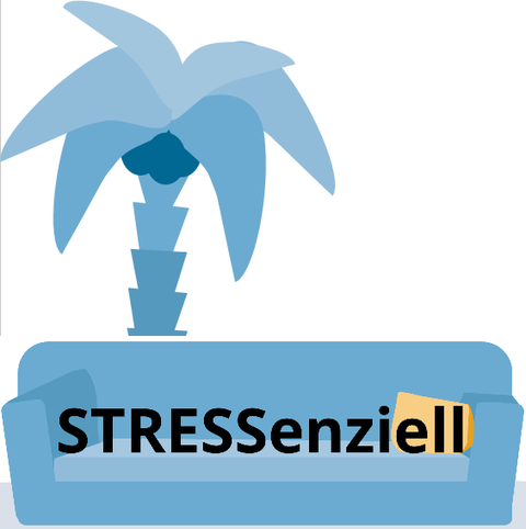 The graphic shows a couch on which is written in large letters: "STRESSenziell". Behind the couch is a palm tree. All colors of the picture are a variation of the blue tone of the TU Dresden and the Writing Center.