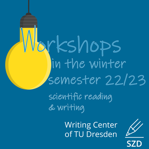 The graphic shows a light bulb hanging from the top of the image, the filament of which is the beginning of the text: "Workshops in the winter semester 22/23", below which are "scientific reading & writing" and "Writing Center of the TU Dresden".