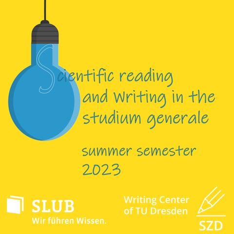 Basics of scientific reading and writing in the studium generale, summer semester 2023. Blue lightbulb on yellow ground. 