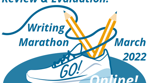 The illustration shows a shoe in the center with two pencils stuck in the upper, the laces flying around. On the shoe it says: "Go! Online!", above the shoe it says "Review & Evaluation: Writing Marathon March 2022".
